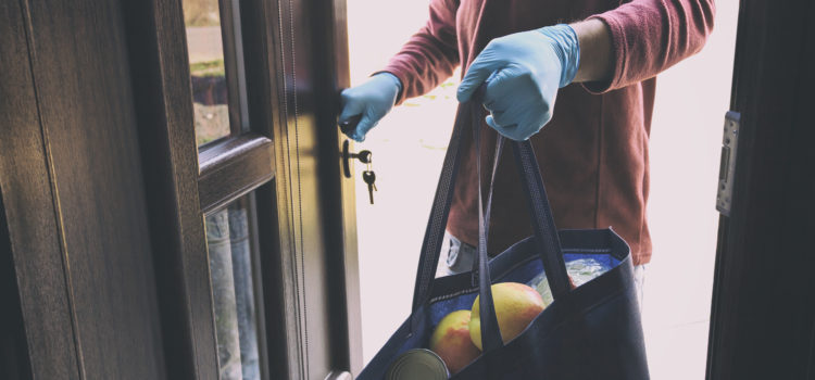 The delivery man gives the bag from grocery store to the woman to her home