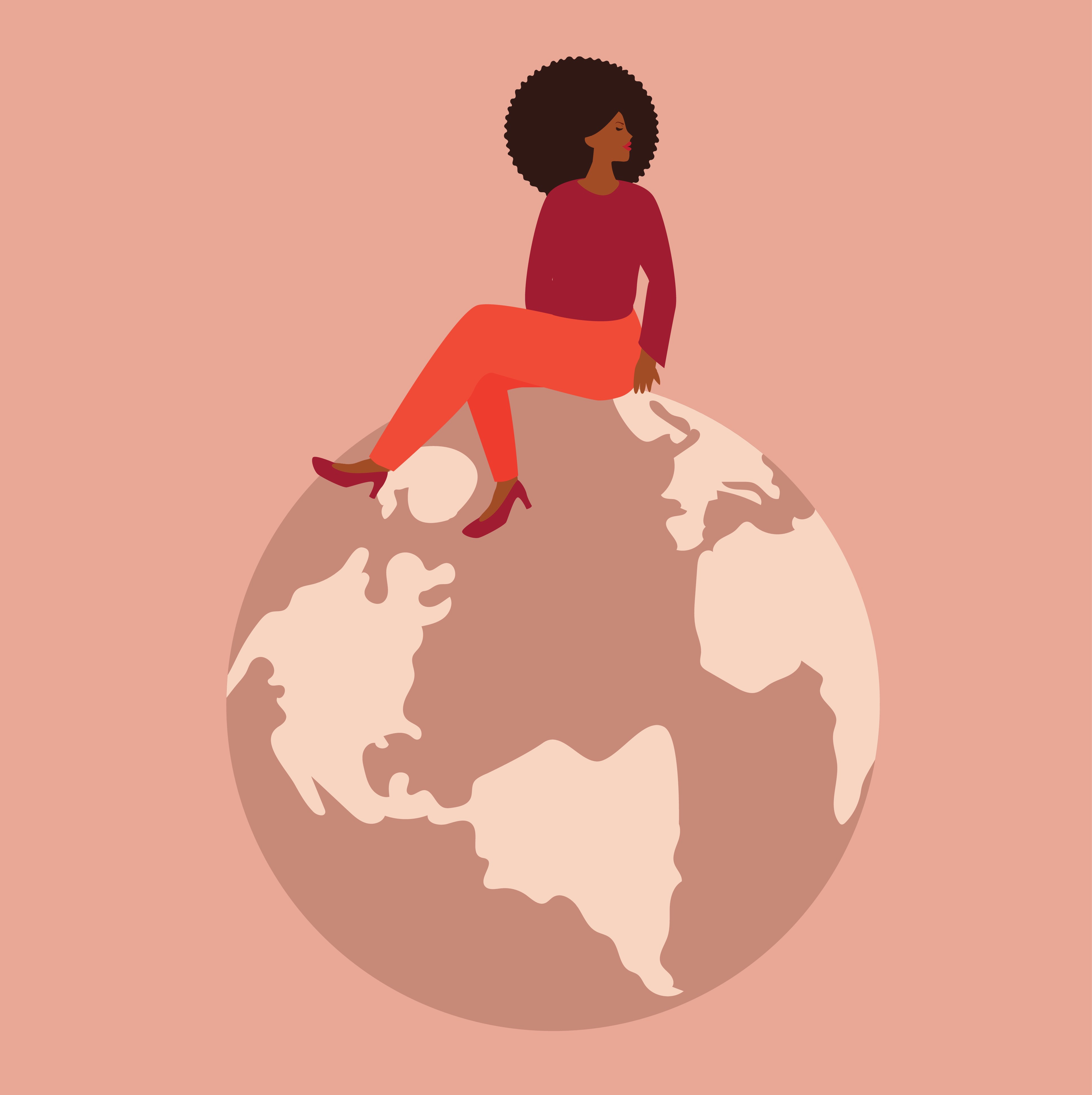 Feminist American African sits on the world globe and looks confident. Activist female around the world. Woman's empowerment movement, energy saving or save the earth day poster concept. Flat vector.